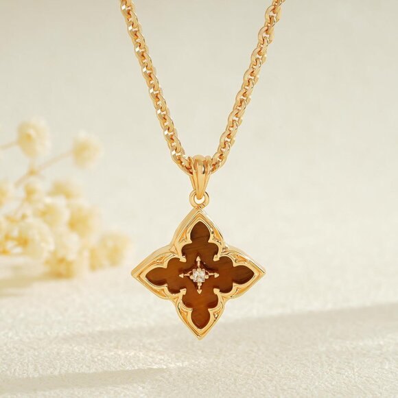 Gold Clover Necklace for Women Dainty 14K Gold Plated CZ Pendant Necklace Adjust - Picture 4 of 7